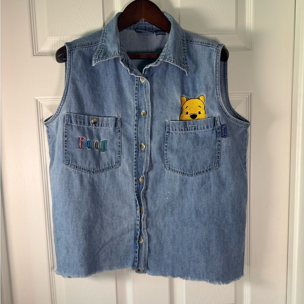 Vintage Winnie the Pooh Chambray Denim Cut Off Button up Vest Size Large